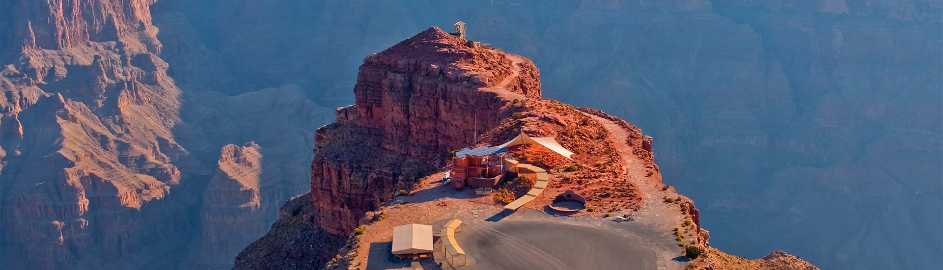Aerial view of the Hualapai Tribes' park concession stands at the top of Gauno Point at the Grand Canyon West Rim.