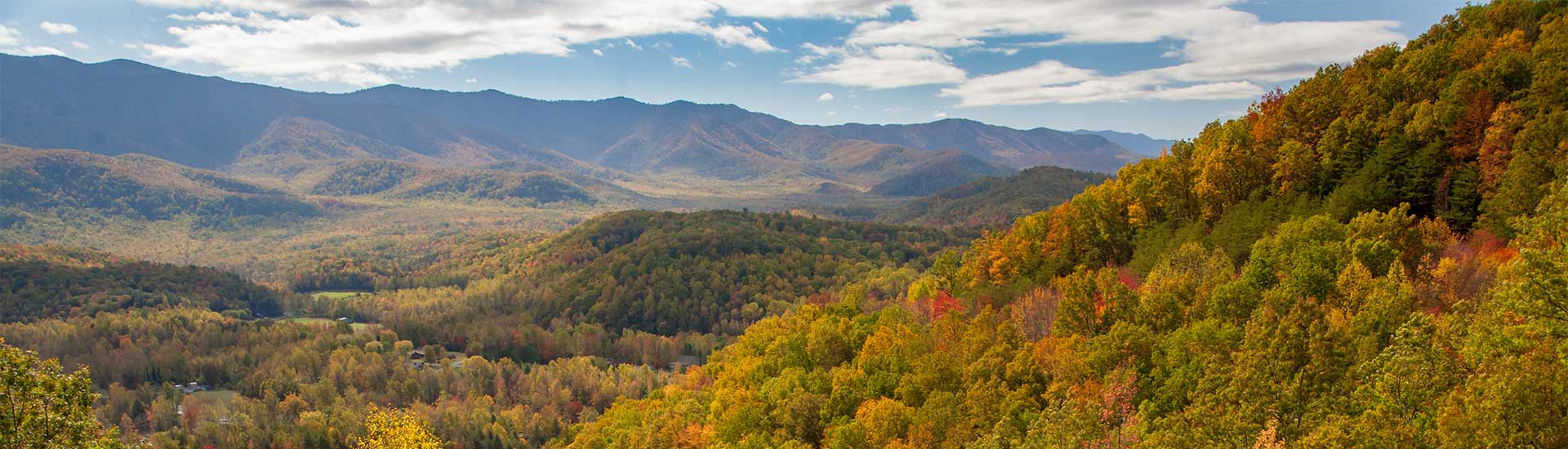 Fall foliage drapes the rolling hills of the Great Smoky Mountains National Park in Tennessee. 