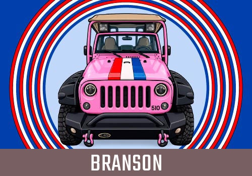 A pink jeep surrounded by red, white and blue ribbon appears above a banner saying "Branson"