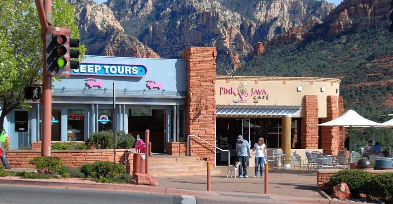 Things to do: Sedona: PAT (1) Pink® Jeep® Tours Plaza in Uptown Sedona, Arizona.