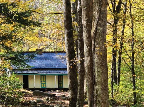 A Smoky Mountain cabin tucked into colorful fall foliage on the Pink Jeep Tours Newfound Gap Tour.