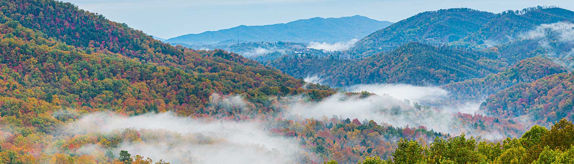 Fall colors drape the Great Smoky Mountains, viewed from  Littler River Gorge-Fighting Gap Road near Gatlinburg, TN.