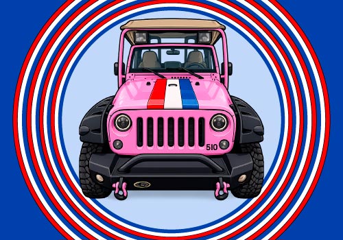 A pink jeep surrounded by a ribbon of red, white, and blue