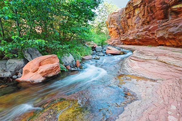 Rushing stream flows along the slick rock of the West Fork Trail that cuts through red rock canyon walls and green foliage.