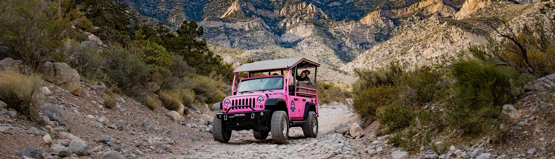 Pink Jeep Tours' Pink Jeep Wrangler navigating the Rocky Gap Road at Red Rock Canyon National Conservation Area near Las Vegas, Nevada.