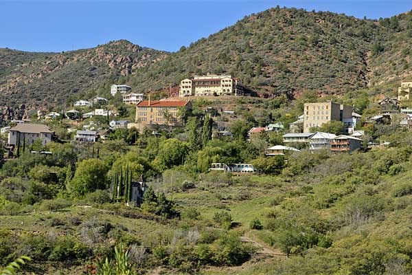 Aerial view of the Verde Valley hilltops surrounding the historic town of Jerome, thirty minutes from Sedona, Arizona.