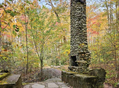 Stone fireplace and chimney relics in an autumn forest near Elkmont Ghost Town, Great Smoky Mountains National Park, TN.