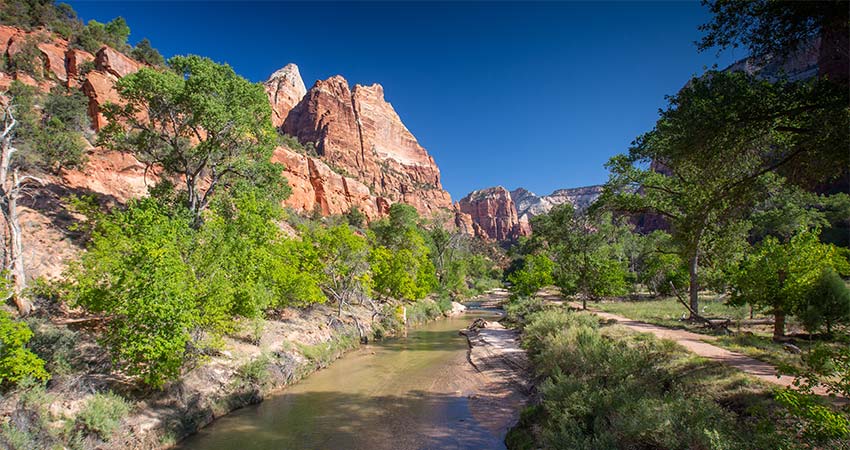 Scenic view of the walking path along the Virgin River flowing through Zion Canyon, surrounded by the walls of Deertrap, Cathedral and Majestic Mountains in Zion National Park.