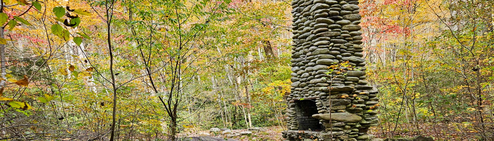 Stone fireplace and chimney relics in an autumn forest near Elkmont Ghost Town, Great Smoky Mountains National Park, TN.