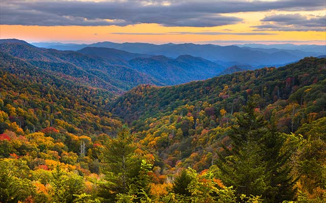 Sunset view on a colorful Fall evening on Newfound Gap Road in Great Smoky Mountains National Park Tennessee.
