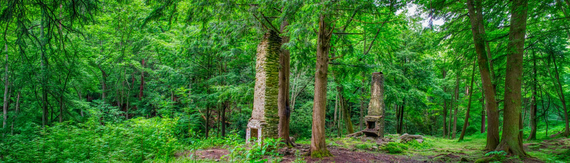 Two stone fireplace chimneys in the forest in the Elkmont Ghost Town, Great Smoky Mountains National Park, TN.