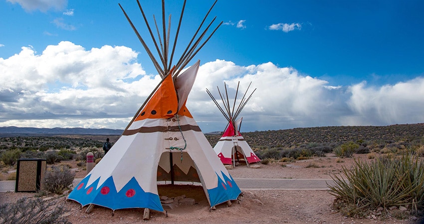 Two colorful teepees on display at the authentic Hualapai Village at Eagle Point on the Grand Canyon West Rim.