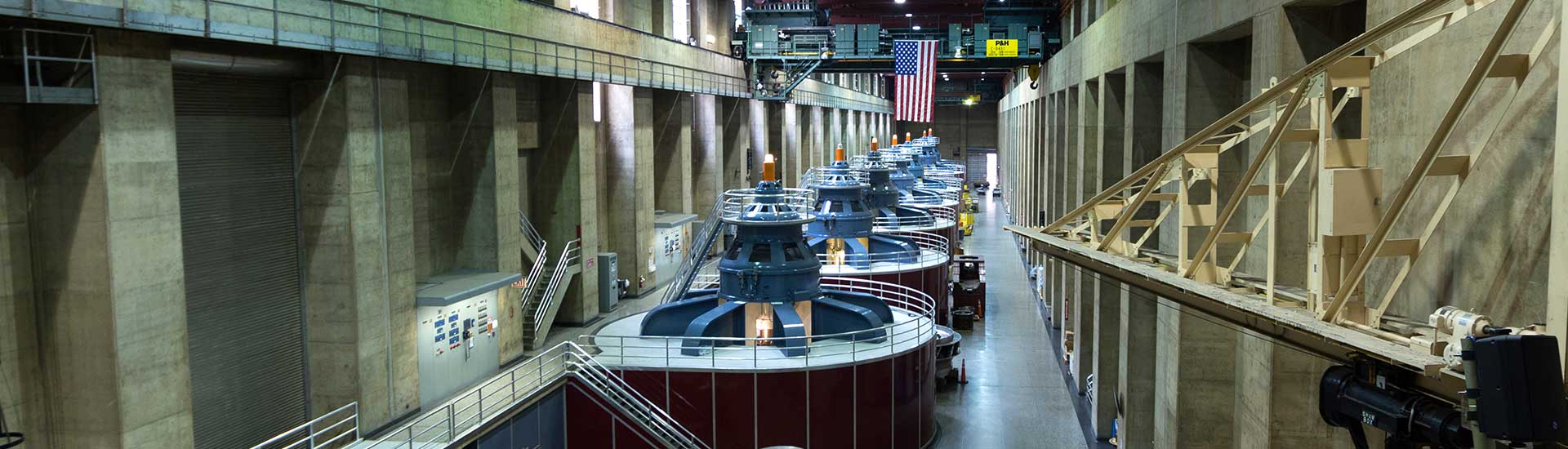 View of the eight commercial generators inside the Nevada Powerhouse at Hoover Dam, near Las Vegas, Nevada.