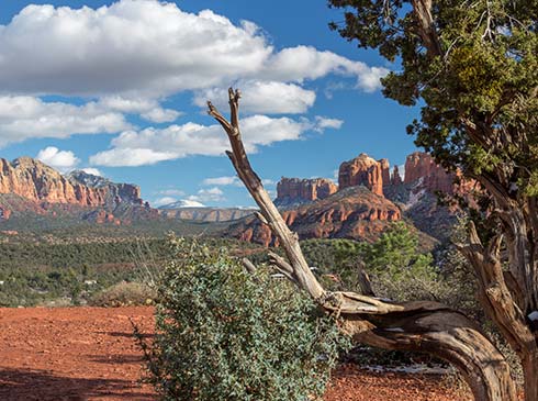Close-up view of Cathedral Rock from The Knolls overlook along Red Rock Loop Road, Sedona, Arizona.