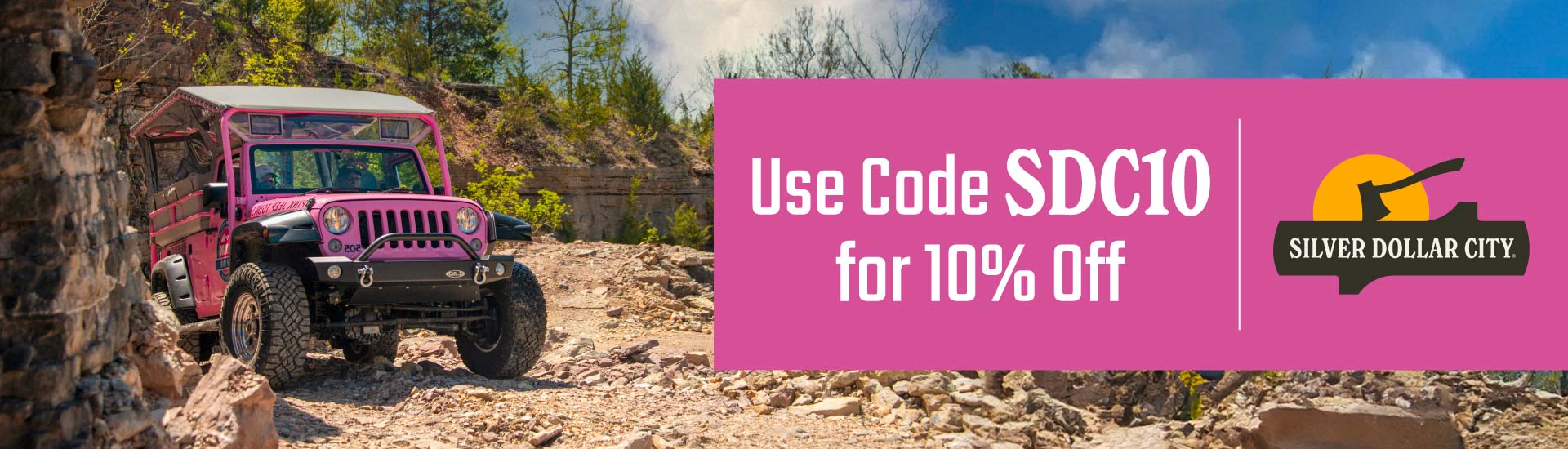 A pink jeep wrangler on a rocky trail and a banner with the Silver Dollar City logo reads "Use Code SDC10 for 10% off"
